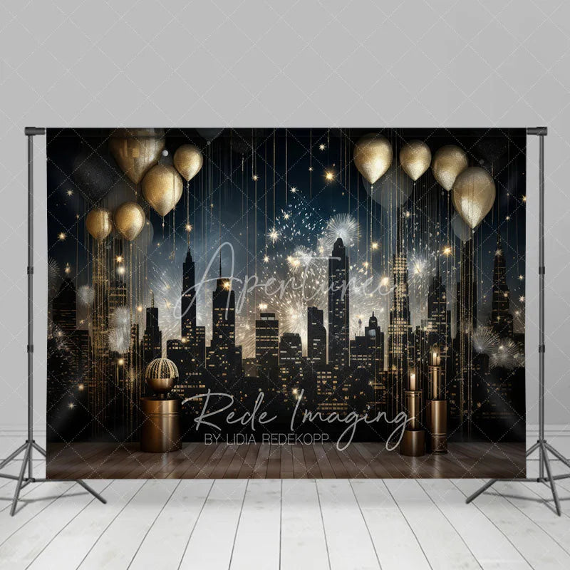 Aperturee - Aperturee Luxury City Night Skyline Backdrop Golden Balloons and Cityscape Photography Background for Gala