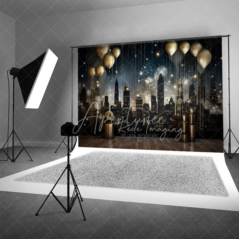 Aperturee - Aperturee Luxury City Night Skyline Backdrop Golden Balloons and Cityscape Photography Background for Gala
