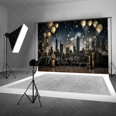 Aperturee - Aperturee Luxury City Night Skyline Backdrop Golden Balloons and Cityscape Photography Background for Gala
