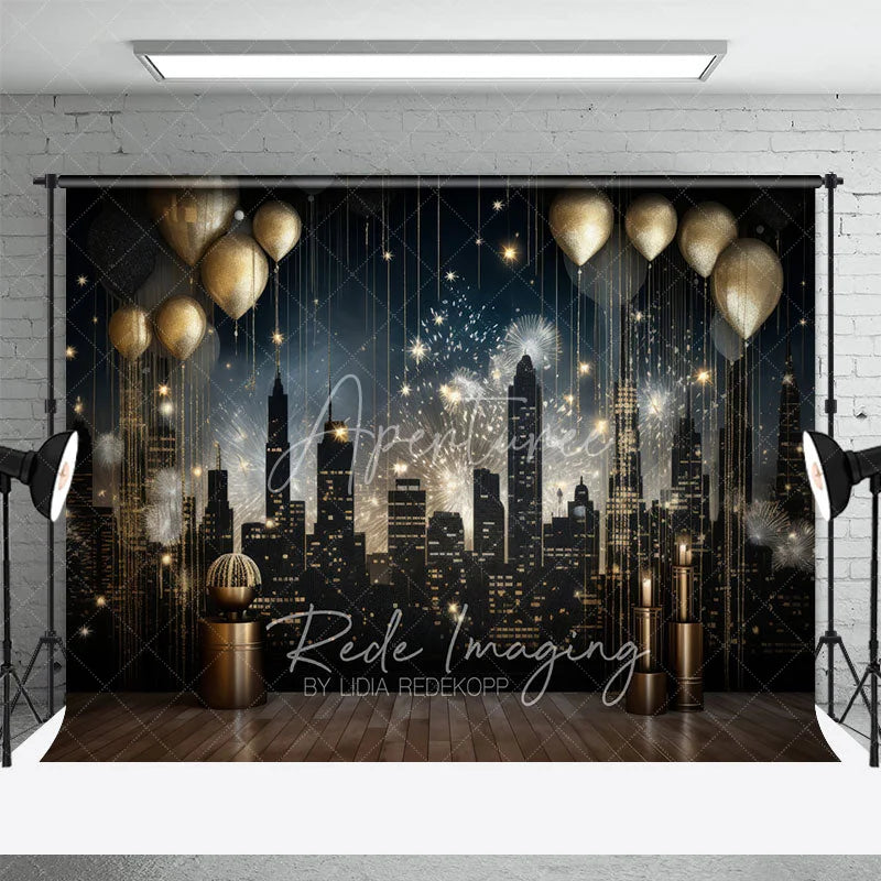 Aperturee - Aperturee Luxury City Night Skyline Backdrop Golden Balloons and Cityscape Photography Background for Gala