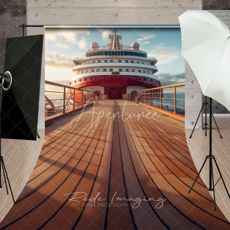 Aperturee - Aperturee Luxury Cruise Ship Deck Scenery Backdrop Ocean Vacation Wooden Sweep Portrait Photography Studio Background