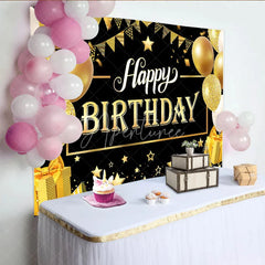 Aperturee - Aperturee Luxury Gold and Black Happy Birthday Backdrop Sparkling Balloons and Stars Party Banner