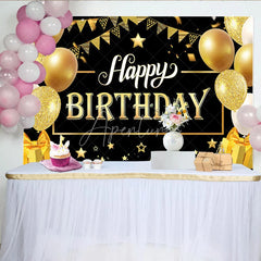 Aperturee - Aperturee Luxury Gold and Black Happy Birthday Backdrop Sparkling Balloons and Stars Party Banner
