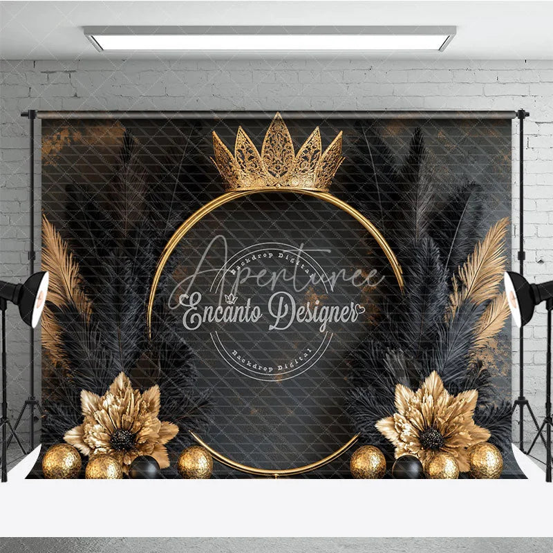 Aperturee - Aperturee Luxury Golden Crown and Black Feather Backdrop Elegant Gold Floral Theme for Birthday and Event Decor