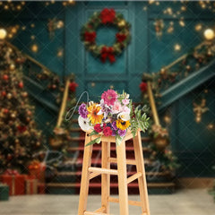 Aperturee - Aperturee Luxury Grand Staircase Christmas Backdrop Red Carpet Chandelier Background Elegant Mansion Winter Holiday Party
