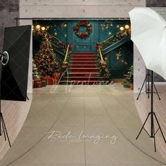 Aperturee - Aperturee Luxury Grand Staircase Christmas Sweep Backdrop Red Carpet Chandelier Background Elegant Mansion Winter Holiday Party