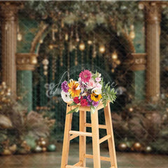 Aperturee - Aperturee Luxury Green and Gold Christmas Backdrop Palace Column Velvet Curtain Photography Background