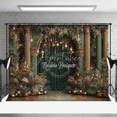 Aperturee - Aperturee Luxury Green and Gold Christmas Backdrop Palace Column Velvet Curtain Photography Background
