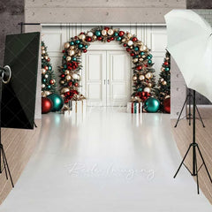 Aperturee - Aperturee Luxury Ornament Arch Sweep Backdrop White Door Teal Red Gold Balloon Garland Floor Photo Background