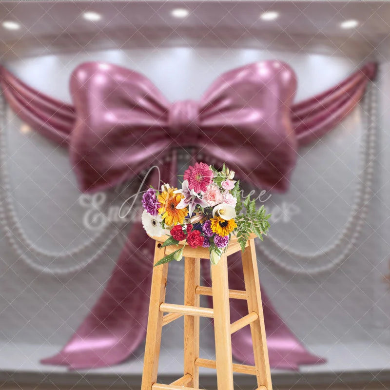 Aperturee - Aperturee Luxury Pink Metallic Bow and Pearl Drapes Photography Backdrop Elegant Wedding and Baby Shower Decor