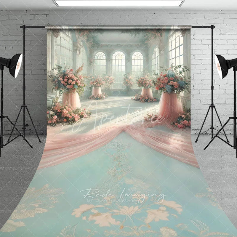 Aperturee - Aperturee Luxury Sunroom Floral Backdrop Pink Rose Pillar and Draped Silk Decor Elegant Wedding Reception Background