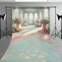 Aperturee - Aperturee Luxury Sunroom Floral Backdrop Pink Rose Pillar and Draped Silk Decor Elegant Wedding Reception Background