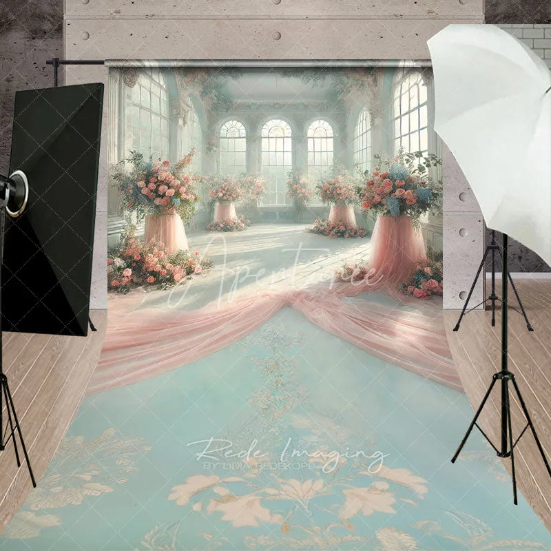 Aperturee - Aperturee Luxury Sunroom Floral Backdrop Pink Rose Pillar and Draped Silk Decor Elegant Wedding Reception Background