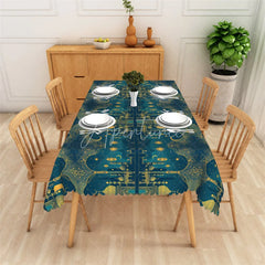Aperturee - Aperturee Luxury Teal and Gold Ramadan Rectangle Tablecloth Ornate Islamic Mosque Architecture Table Cover