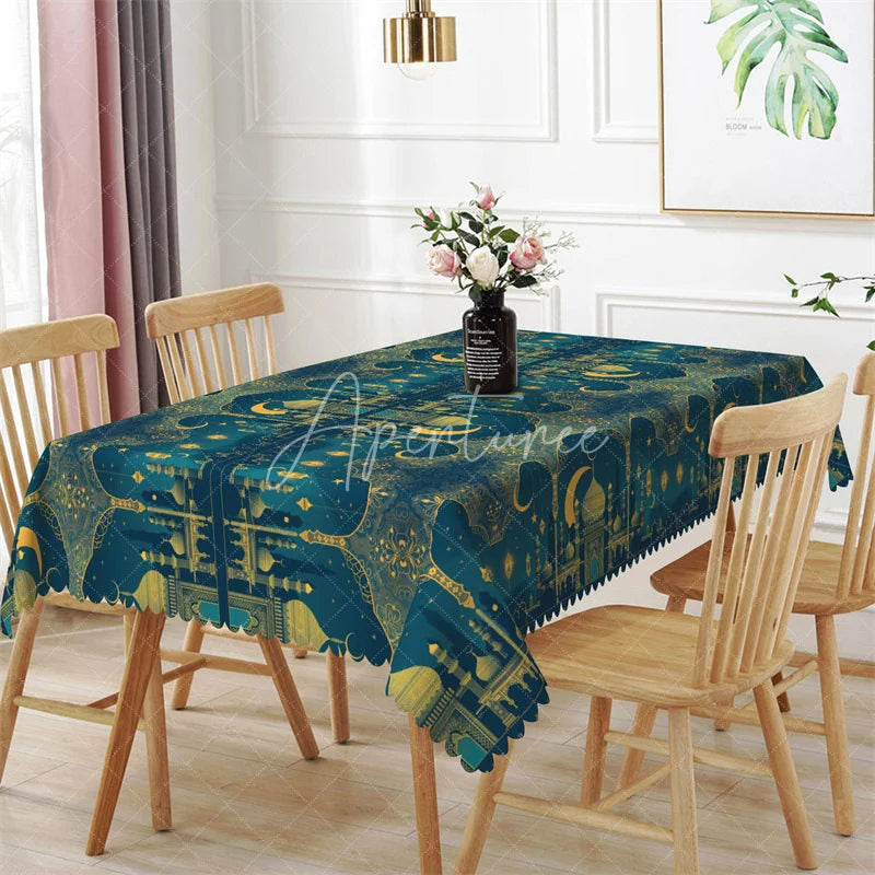 Aperturee - Aperturee Luxury Teal and Gold Ramadan Rectangle Tablecloth Ornate Islamic Mosque Architecture Table Cover