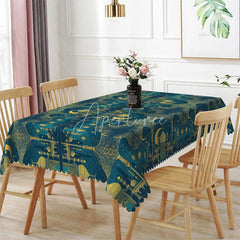 Aperturee - Aperturee Luxury Teal and Gold Ramadan Rectangle Tablecloth Ornate Islamic Mosque Architecture Table Cover