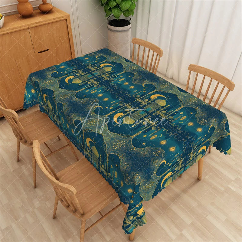 Aperturee - Aperturee Luxury Teal and Gold Ramadan Rectangle Tablecloth Ornate Islamic Mosque Architecture Table Cover