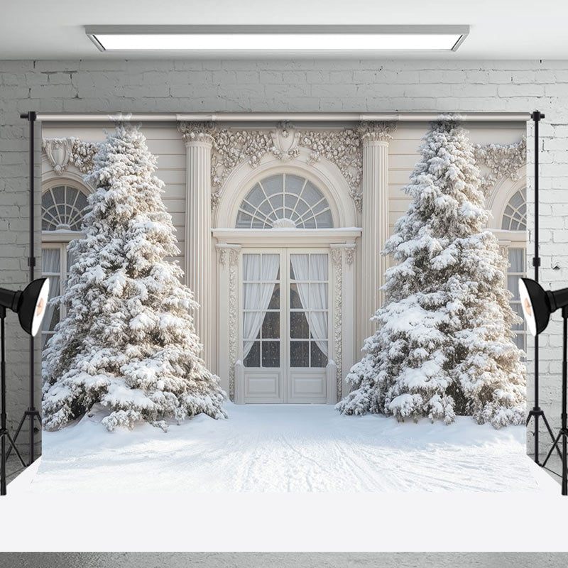 Aperturee - Aperturee Luxury White Door Pine Trees Winter Photo Backdrop