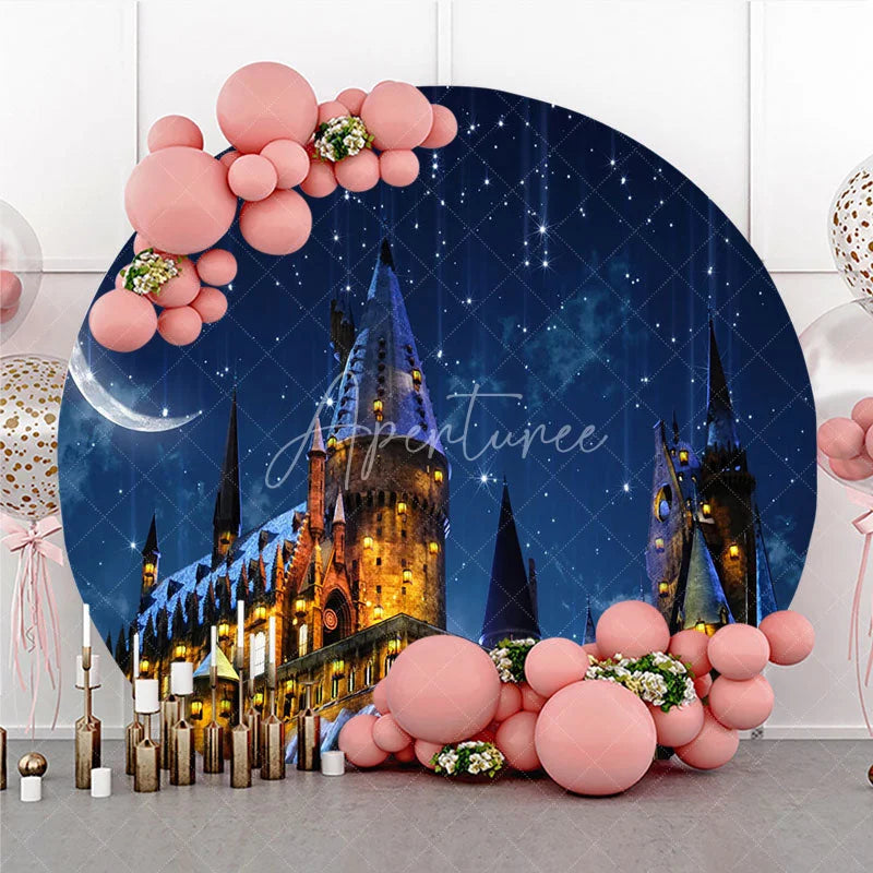 Aperturee - Aperturee Magic Castle Round Backdrop Wizard School Starry Night Photography Background