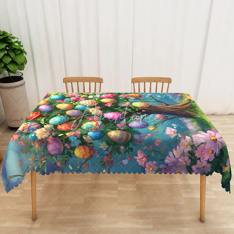 Aperturee - Aperturee Magic Easter Egg Tree Rectangle Tablecloth Colorful Spring Garden Table Cover Holiday Party Dining Room Decor