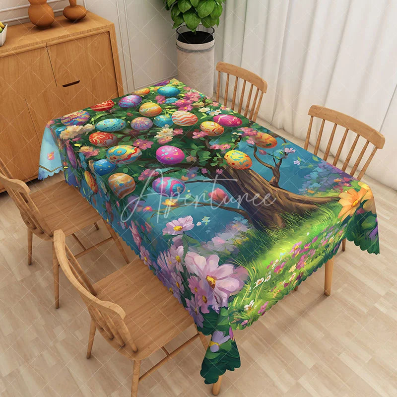 Aperturee - Aperturee Magic Easter Egg Tree Rectangle Tablecloth Colorful Spring Garden Table Cover Holiday Party Dining Room Decor
