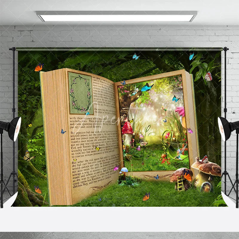 Aperturee - Aperturee Magic Forest Fairy Tale Book Room Set Backdrop Enchanted Woods Grass Floor Photography Background