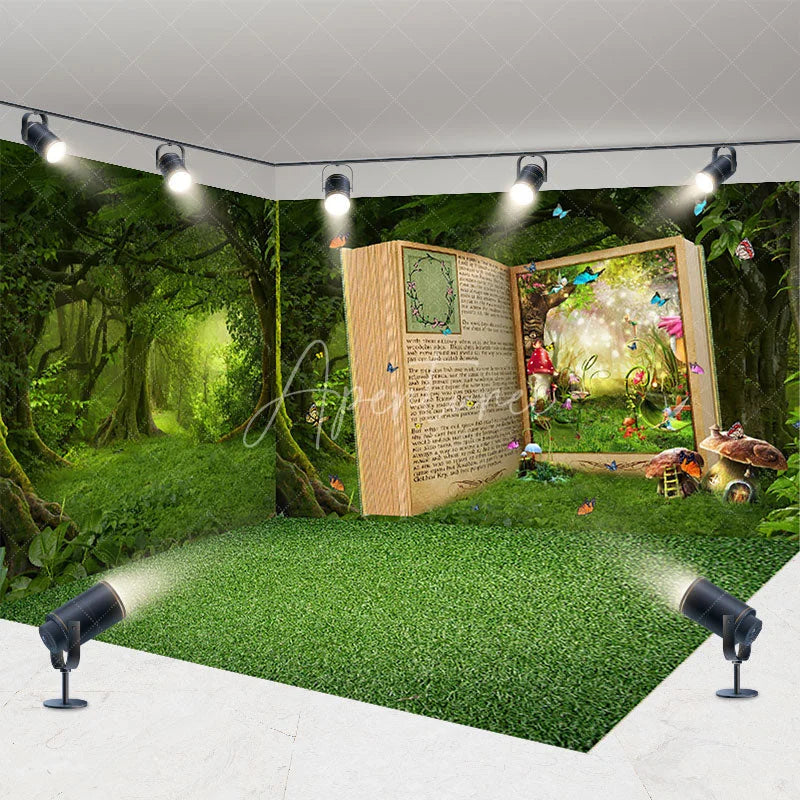 Aperturee - Aperturee Magic Forest Fairy Tale Book Room Set Backdrop Enchanted Woods Grass Floor Photography Background