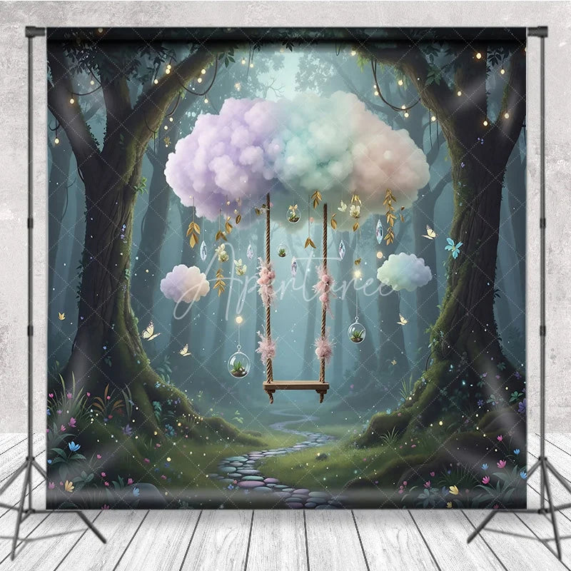 Aperturee - Aperturee Magic Forest Swing Backdrop Pastel Cloud Fairy Tale Photography Background Enchanted Wonderland Birthday Party
