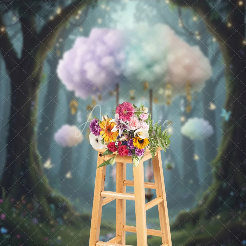 Aperturee - Aperturee Magic Forest Swing Backdrop Pastel Cloud Fairy Tale Photography Background Enchanted Wonderland Birthday Party