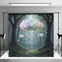 Aperturee - Aperturee Magic Forest Swing Backdrop Pastel Cloud Fairy Tale Photography Background Enchanted Wonderland Birthday Party