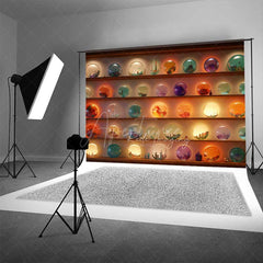 Aperturee Aperturee Magic Shop of Crystal Balls Halloween Photography Backdrop Shelves with Glowing Orbs Fantasy Witch or Wizard Prop