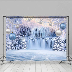 Aperturee - Aperturee Magical Blue and Silver Winter Wonderland Holiday Backdrop Featuring Frozen Waterfall and Snow Covered Trees