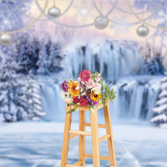 Aperturee - Aperturee Magical Blue and Silver Winter Wonderland Holiday Backdrop Featuring Frozen Waterfall and Snow Covered Trees