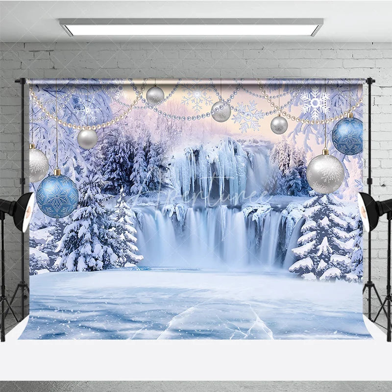 Aperturee - Aperturee Magical Blue and Silver Winter Wonderland Holiday Backdrop Featuring Frozen Waterfall and Snow Covered Trees