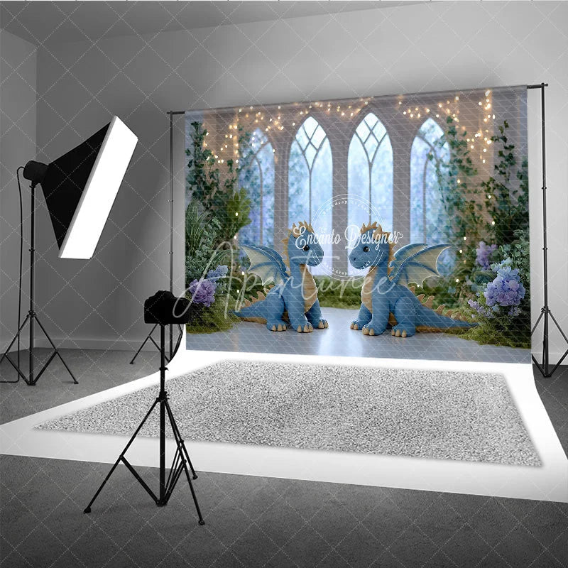Aperturee - Aperturee Magical Dragon Cake Smash Photo Booth Backdrop Fairytale Castle with String Lights Kids Birthday Photo Background