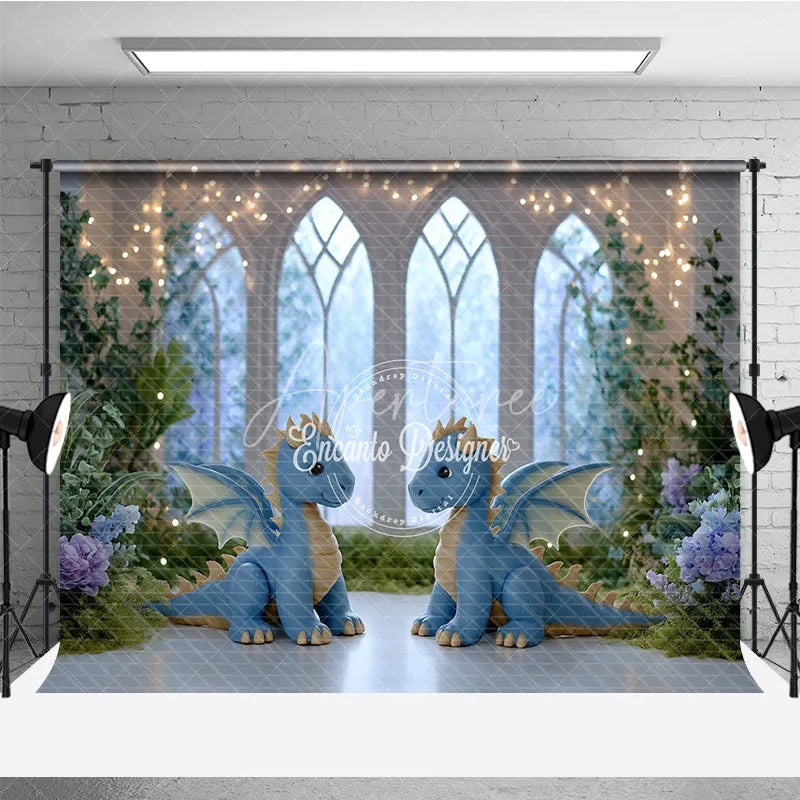 Aperturee - Aperturee Magical Dragon Cake Smash Photo Booth Backdrop Fairytale Castle with String Lights Kids Birthday Photo Background