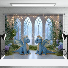 Aperturee - Aperturee Magical Dragon Cake Smash Photo Booth Backdrop Fairytale Castle with String Lights Kids Birthday Photo Background