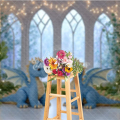 Aperturee - Aperturee Magical Dragon Cake Smash Photo Booth Backdrop Fairytale Castle with String Lights Kids Birthday Photo Background