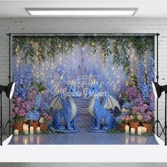 Aperturee - Aperturee Magical Dragon Cake Smash Photography Backdrop Fairytale Castle with String Lights Kids Birthday Photo Background