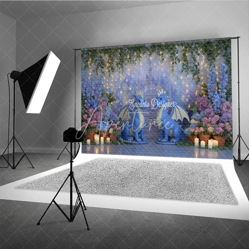 Aperturee - Aperturee Magical Dragon Cake Smash Photography Backdrop Fairytale Castle with String Lights Kids Birthday Photo Background