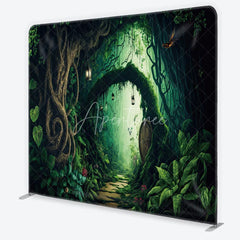 Aperturee - Aperturee Magical Enchanted Forest Archway Square Double-Sided Backdrop Whimsical Wooden Door and Lush Greenery Decor