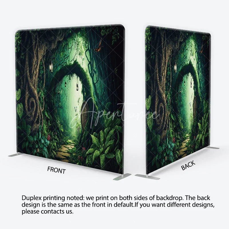 Aperturee - Aperturee Magical Enchanted Forest Archway Square Double-Sided Backdrop Whimsical Wooden Door and Lush Greenery Decor