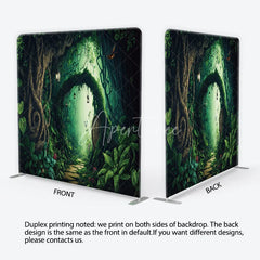 Aperturee - Aperturee Magical Enchanted Forest Archway Square Double-Sided Backdrop Whimsical Wooden Door and Lush Greenery Decor