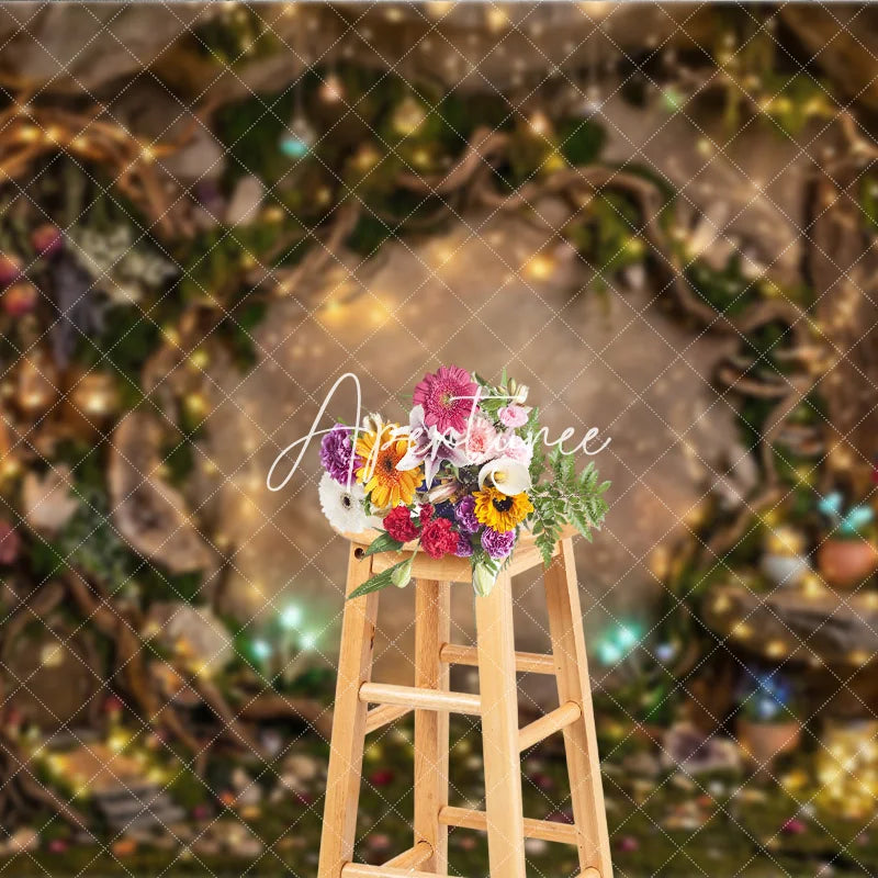 Aperturee - Aperturee Magical Enchanted Forest Photography Backdrop with Sparkling Fairy Lights Glowing Mushrooms and Whimsical Cave Door