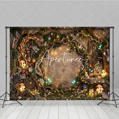 Aperturee - Aperturee Magical Enchanted Forest Photography Backdrop with Sparkling Fairy Lights Glowing Mushrooms and Whimsical Cave Door