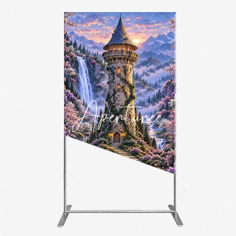Aperturee - Aperturee Magical Fairy Tale Castle and Waterfall Rectangle Arch Backdrop Enchanted Forest with Cherry Blossoms and Sunset.