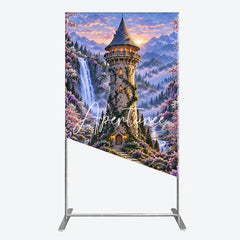 Aperturee - Aperturee Magical Fairy Tale Castle and Waterfall Rectangle Arch Backdrop Enchanted Forest with Cherry Blossoms and Sunset.
