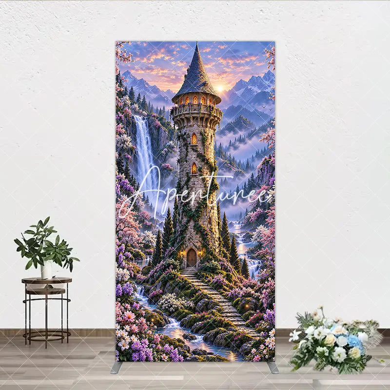 Aperturee - Aperturee Magical Fairy Tale Castle and Waterfall Rectangle Arch Backdrop Enchanted Forest with Cherry Blossoms and Sunset.