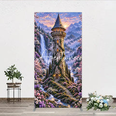 Aperturee - Aperturee Magical Fairy Tale Castle and Waterfall Rectangle Arch Backdrop Enchanted Forest with Cherry Blossoms and Sunset.