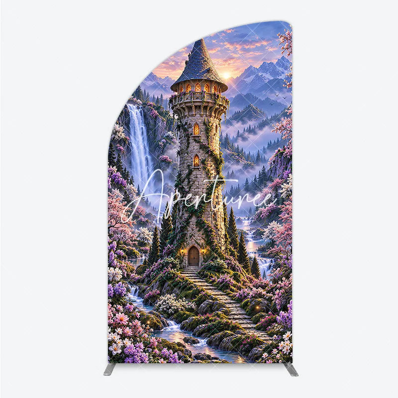 Aperturee - Aperturee Magical Fantasy Castle with Waterfalls and Blooming Flowers Half Moon Arch Backdrop Enchanted Forest Photography Decor
